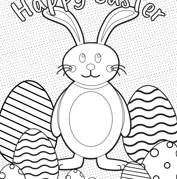 Image shows example of downloadable Easter bunny colouring sheet for kids from Ryman website