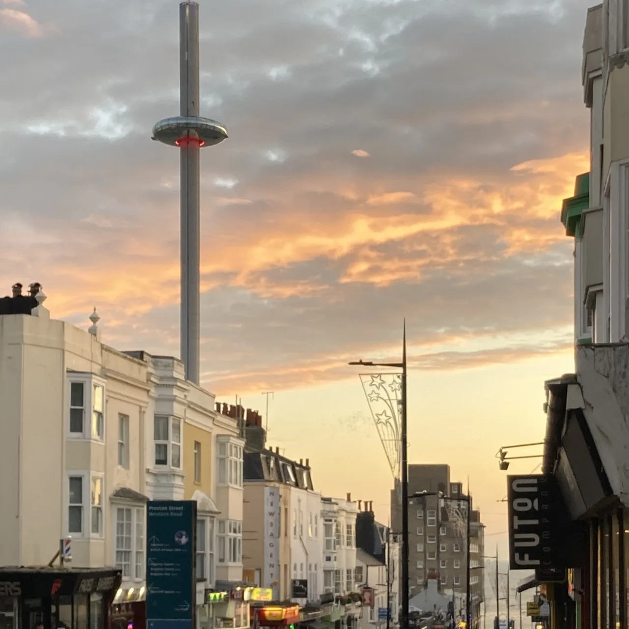 Sunset sky over Preston Street, Brighton with i360 Brighton