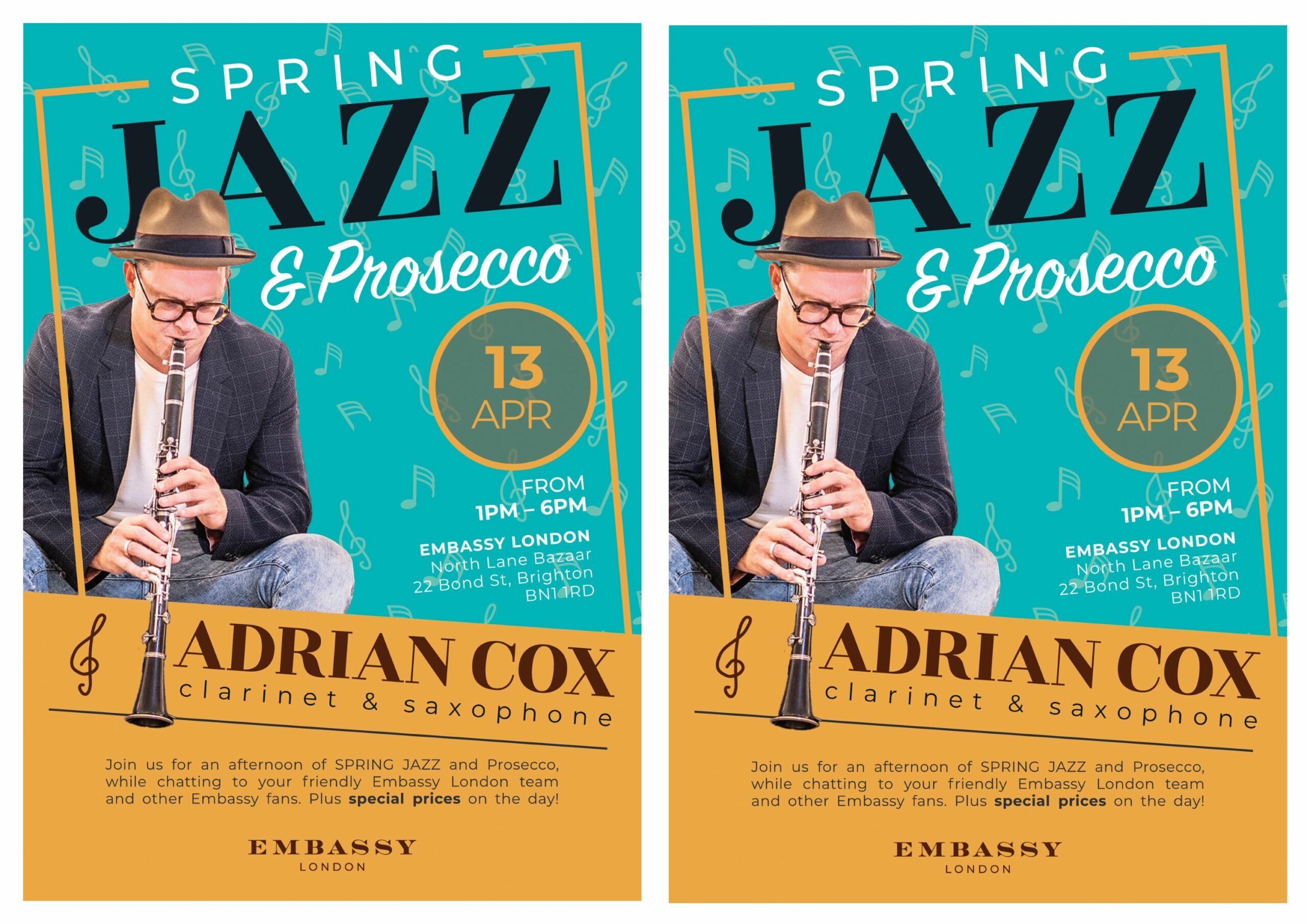 Image shows event flyer for Spring Jazz Afternoon at Embassy London store Brighton Bond Street