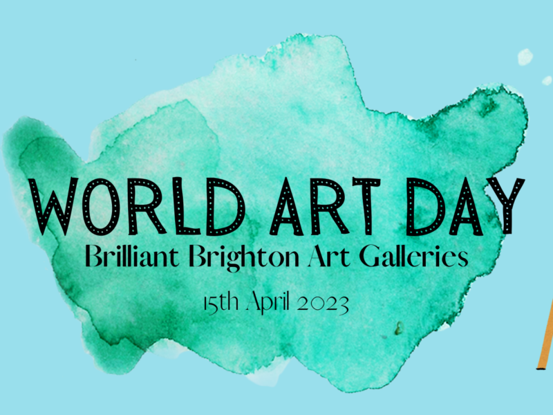 Graphic image promoting World Art Day in Brilliant Brighton showing paintbrushes and painting easel with title